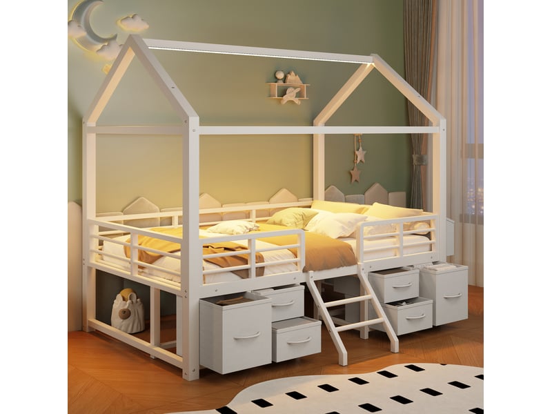  Lit mezzanine enfant 90x200 cm avec toit de maison, 6 tiroirs en tissu, éclairage, métal et mdf couleur blanc sans matelas  - Conforama E