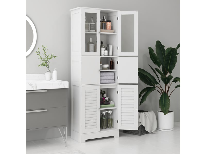  Meuble de salle de bains à trois compartiments avec portes vitrées à enroulement, 60 x 30 x 170,5 cm, blanc  - Conforama C