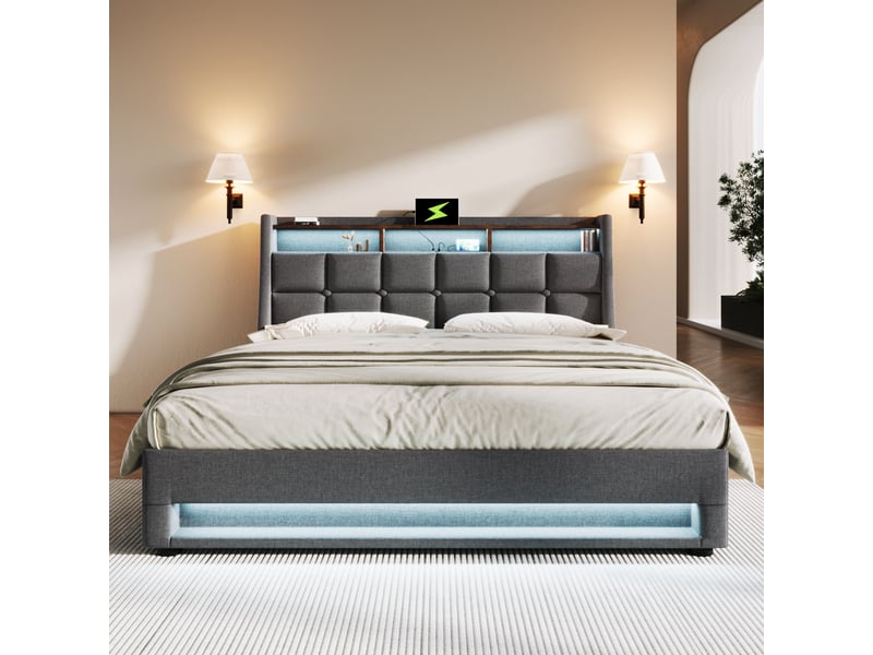  Lit double rembourré 140x200cm avec tête de lit, led, usb, coffre et structure solide, gris, avec matelas  - Conforama E