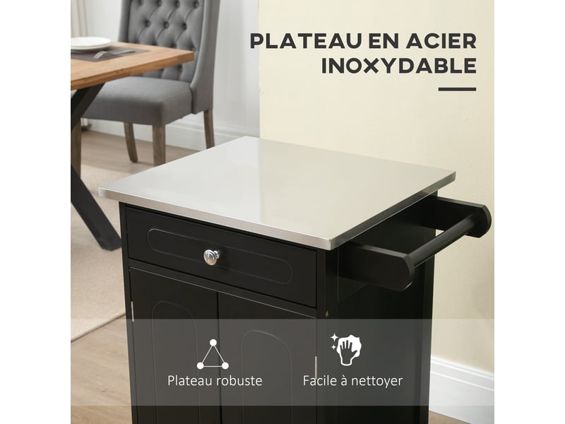  Desserte de cuisine à roulettes 1 tiroir 2 portes mdf et acier noir 60x45x85 cm  - Conforama E