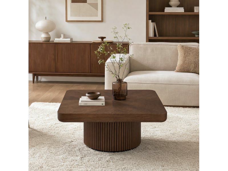  Table basse carrée à angles arrondis en bois et mdf, coloris noyer, 78 x 78 x 38 cm  - Conforama B