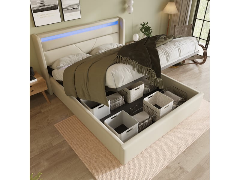  Lit coffre 160 x 200 cm blanc en pu avec led et télécommande  - Conforama B