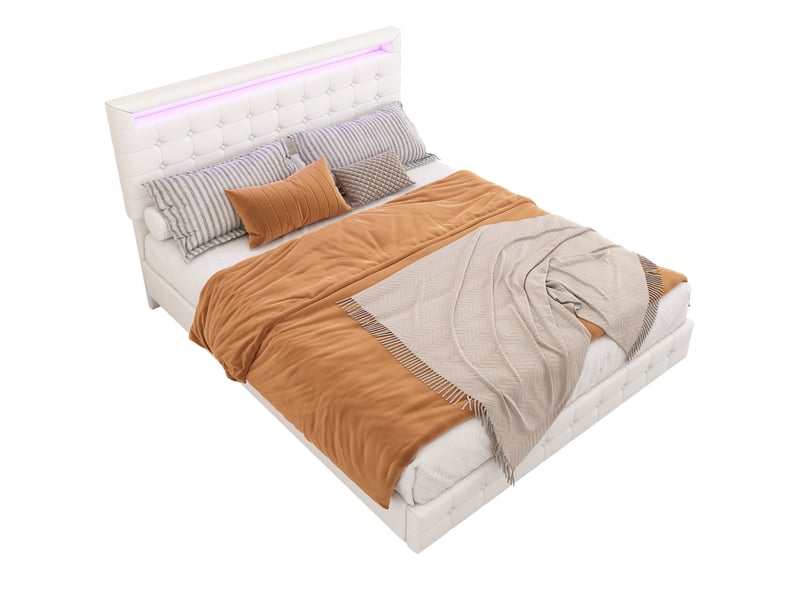  Lit 2 places 140x200cm, sommier, tête de lit réglable, éclairage avec éclairage led, mdf+pu blanc, sans matelas  - Conforama A