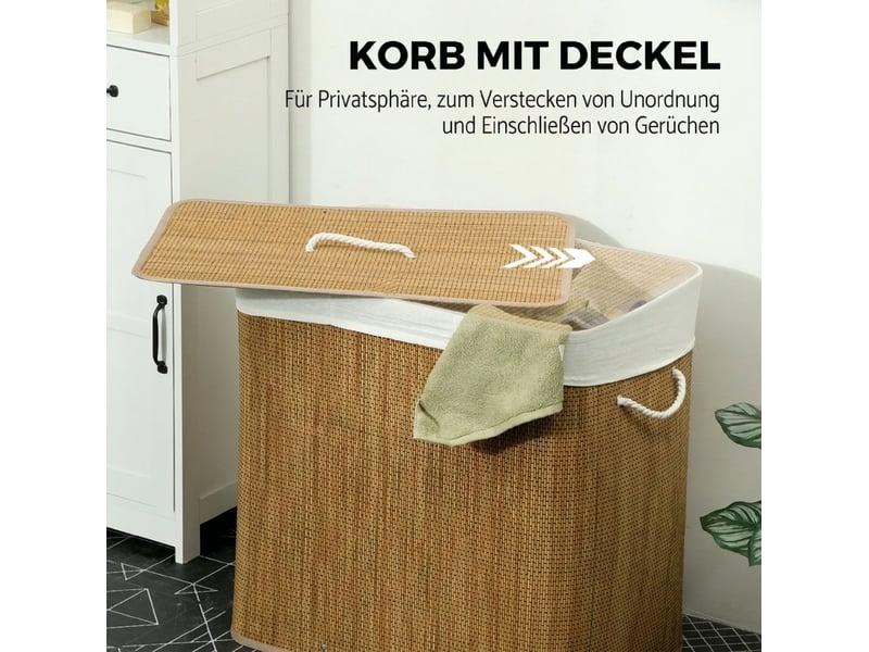 Panier à linge à 3 compartiments avec couvercle et sac lavable en bambou marron 60 × 40 × 60 cm - Conforama E