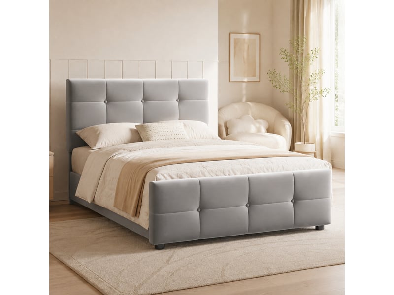  Lit enfant coffre hydraulique 90x200 cm en velours gris à tête réglable  - Conforama C