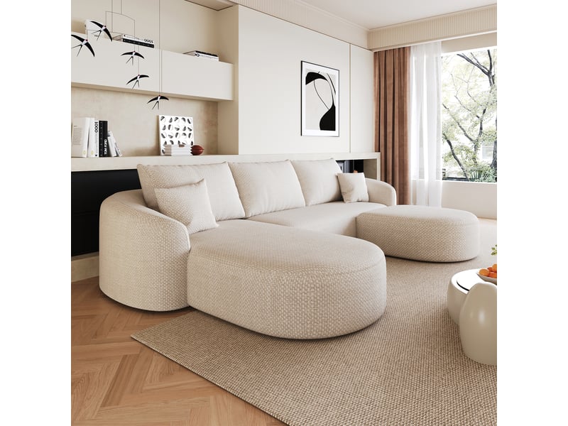 Canapé d'angle en u modulable blanc 336cm, canapé en mousse compressée sans armature, sans montage pour salon - Conforama W