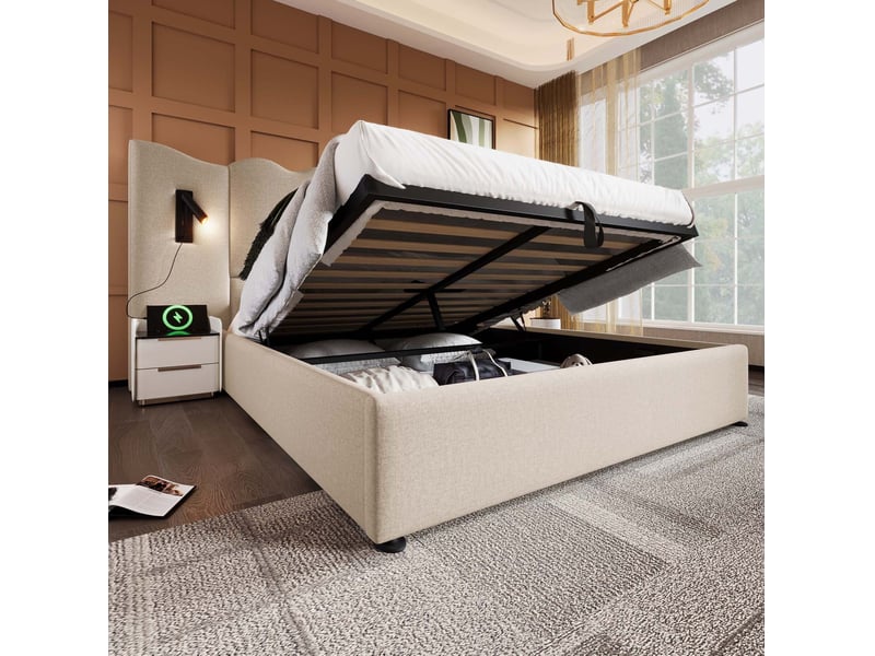  Lit double coffre 160 x 200 cm beige en lin avec matelas, liseuse et charge usb type-c  - Conforama D
