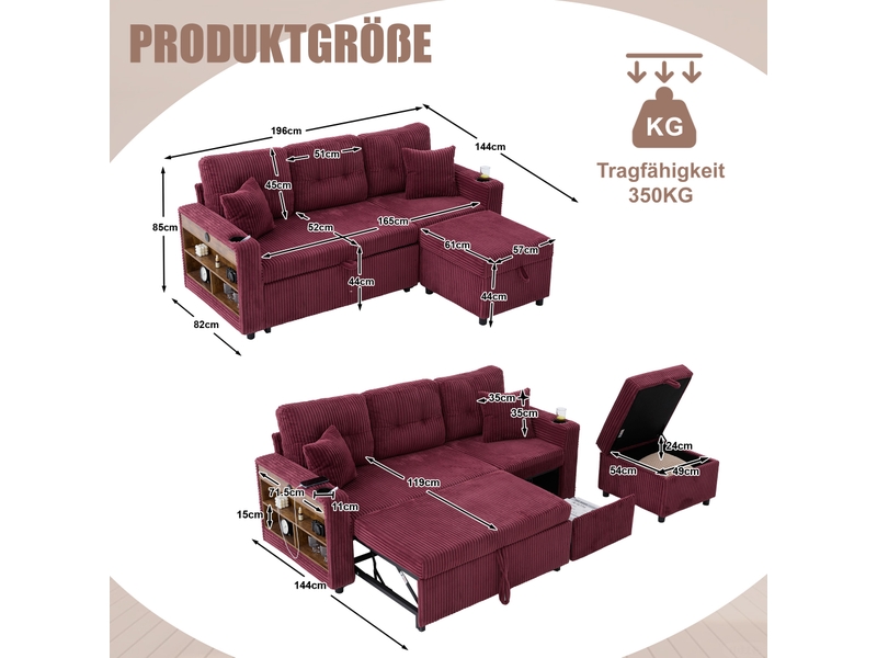 Canapé 3 places 196x82–144x85cm, lumières led, prise usb‑c intégrée, coussins moelleux, velours côtelé rouge bordeaux  - Conforama C