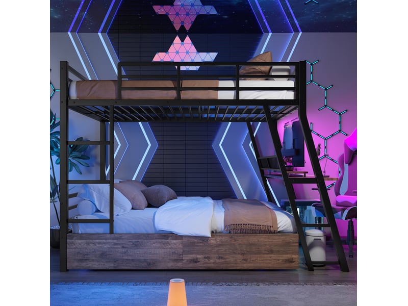  Lit superposé 140x200, garde-corps, escalier, tiroirs 2 placess, gain de place, avec éclairage led, avec bureau, métal noir, sans matelas  - Conforama E