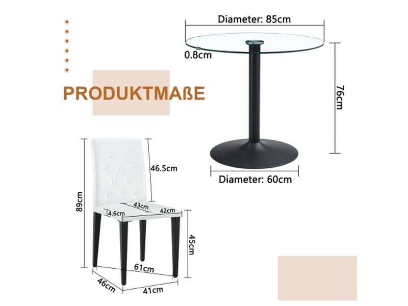  Table verre 85 cm + 4 chaises pu capitonnées – ensemble moderne minimaliste chic, salle à manger  - Conforama C