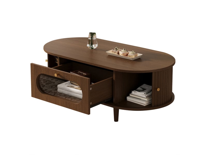 Table basse 100x50x36 cm avec tiroir et 2 portes à rideau en mdf coloris noyer  - Conforama A