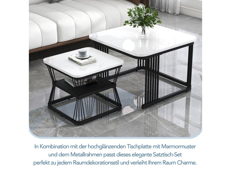  Table basse carrée 65x65 cm - effet marbre, structure acier blanc, design moderne  - Conforama D