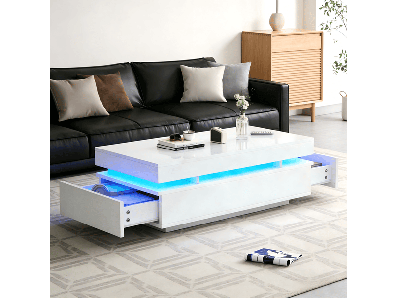  Table basse led 100 x 50 x 35 cm blanche brillante 2 tiroirs panneaux agglomérés usb rangement salon moderne chic pratique déco  - Conforama D