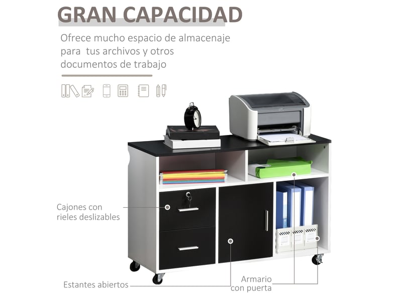  Meuble de bureau auxiliaire à roulettes, classeur avec étagères et tiroirs, rangement multifonction, 100 x 35 x 65 cm, noir et blanc  - Conforama E