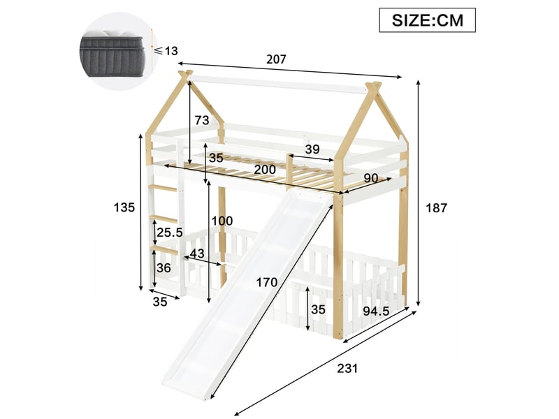  Lit mezzanine enfant avec toboggan blanc et naturel 90 x 200 cm  - Conforama E