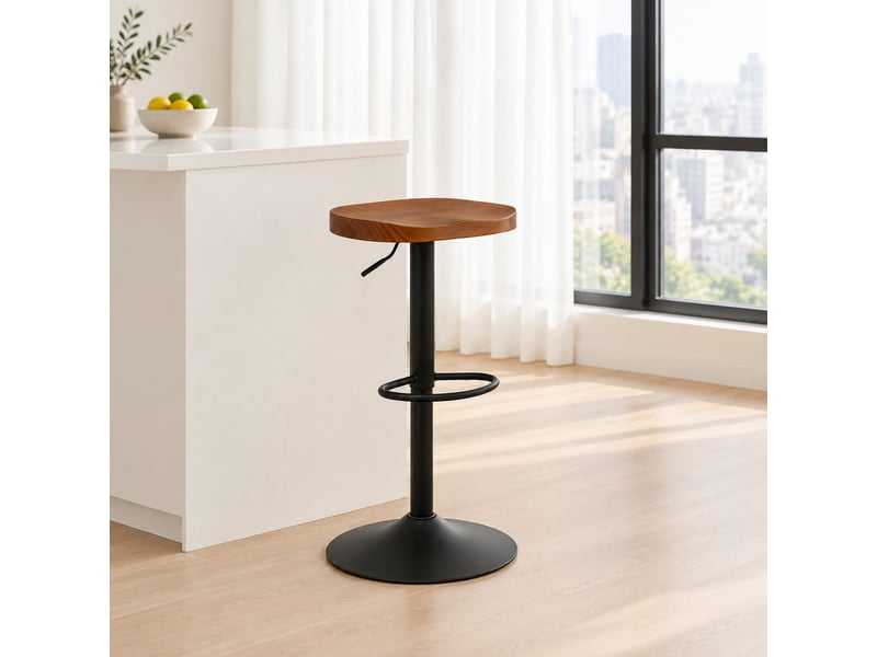  Tabouret de bar pivotant réglable en hauteur, assise en bois de pin marron  - Conforama D