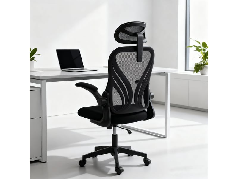  Chaise de bureau ergonomique avec accoudoirs relevables, soutien lombaire et appui-tête réglable, noire  - Conforama D