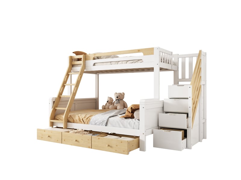 Lit superposé 90×200140x200 cm avec escalier rangement et 3 tiroirs, lit pour enfants, adolescents, blanc - Conforama A
