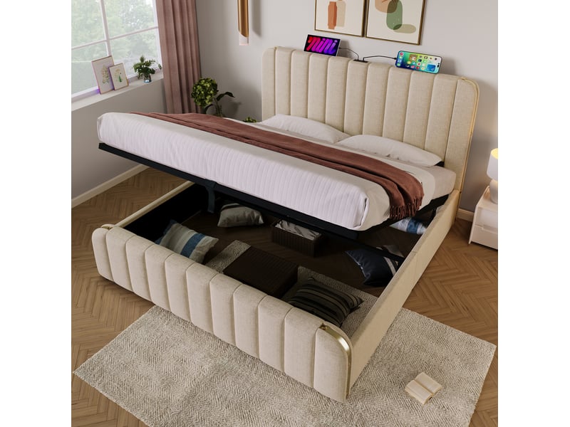  Lit double rembourré avec coffre hydraulique, port de charge type c et matelas, en tissu lin beige 180 × 200 cm  - Conforama B