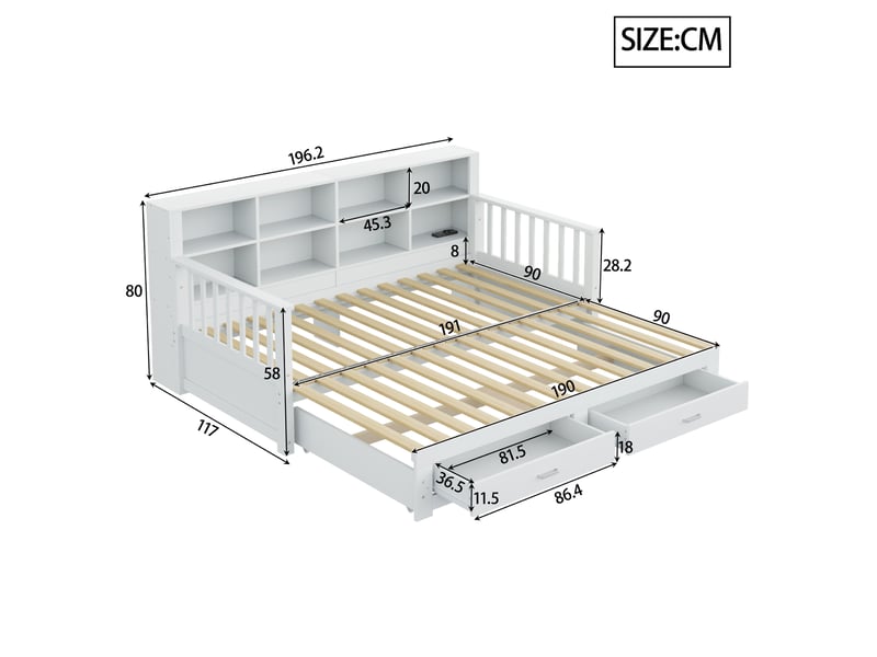 Canapé-lit extensible 90/180x190 cm avec rangements, prise et 2 tiroirs, pin blanc, sans matelas - Conforama C