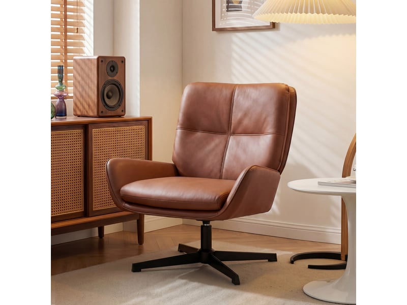  Fauteuil de salon revêtu de cuir pu, fauteuil de lecture avec assise rembourrée, accoudoirs et pieds en métal, marron  - Conforama D