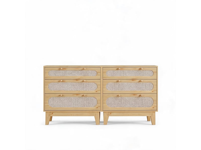  Commode 3 tiroirs en rotin et bois naturel, lot de 2 –  grand capacité, poignées métal, finition étanche, sécurité anti-basculement VAM_33SLJHSM - Conforama A