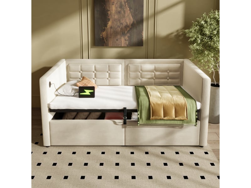 Lit simple 90x200 cm, canapé convertible avec rangement hydraulique, port usb et type-c, sans matelas, velours, beige - Conforama B