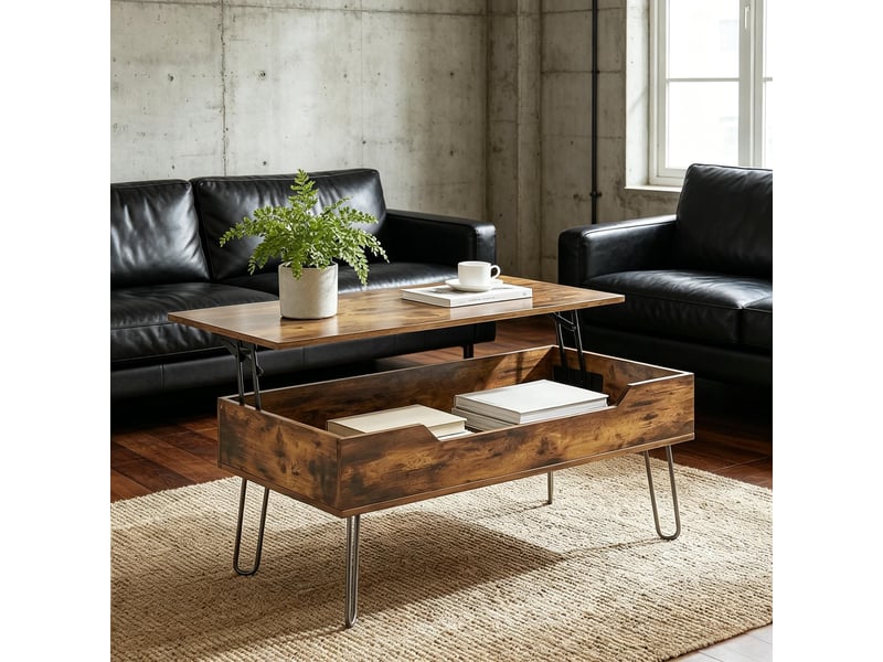  Table basse rectangulaire en bois, plateau relevable et grand rangement caché  - Conforama D
