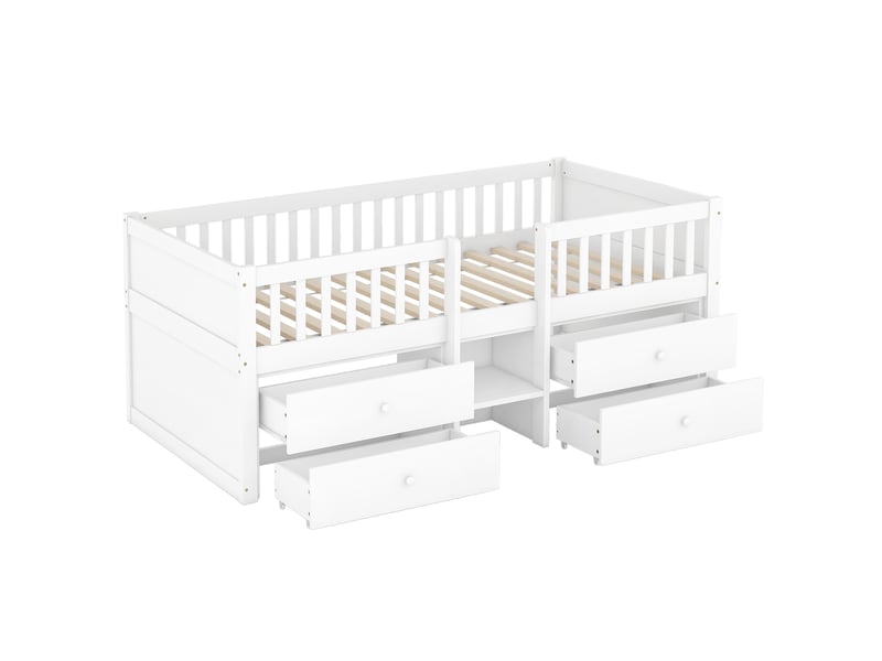  Lit mi-hauteur blanc 90x200 cm en pin, 4 tiroirs, garde-corps et échelle  - Conforama D
