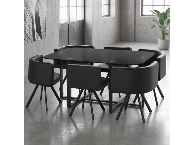 Table 90x150cm avec 6 sièges gain de place mosaic xl verre noir mat et métal noir Mosaic - Conforama B