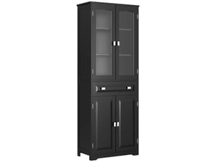 Buffet haut armoire de cuisine 4 portes dont 2 portes vitrées et 1 hauteur tiroir 160 cm avec étagères en bois noir
