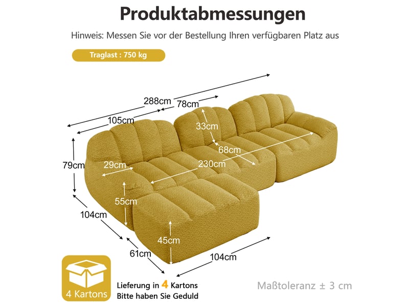  Canapé d'angle modulable 3 places avec ottomane en tissu bouclette jaune  - Conforama E