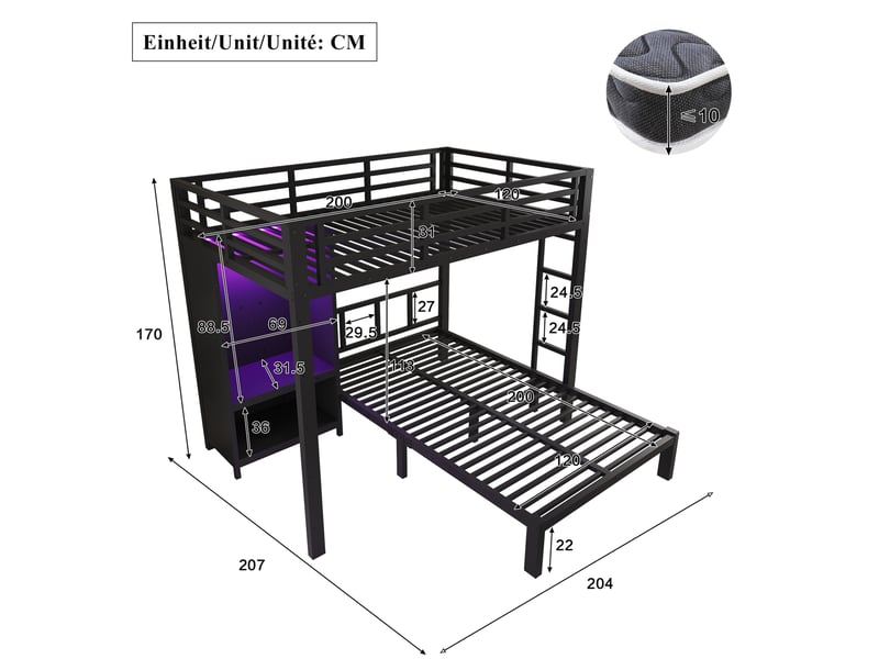 Lit superposé 120 × 200 cm avec 2 couchages, armoire intégrée, led et échelle droite pour chambre 204 × 207 × 170 cm  - Conforama C