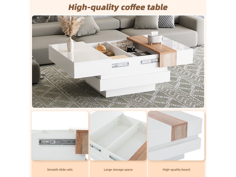  Table basse carrée blanche 70x70 cm avec plateau extensible et rangement caché, finition brillante  - Conforama E