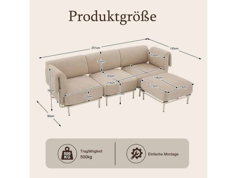 Canapé d'angle modulable 3 places en tissu chenille marron, avec pouf, 251×155×78 cm, design nordique - Conforama C