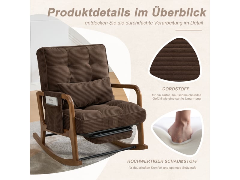  Fauteuil à bascule de salon 70x80x92cm – avec repose-pieds rétractable, dossier inclinable et oreiller lombaire – velours côtelé - marron  - Conforama E