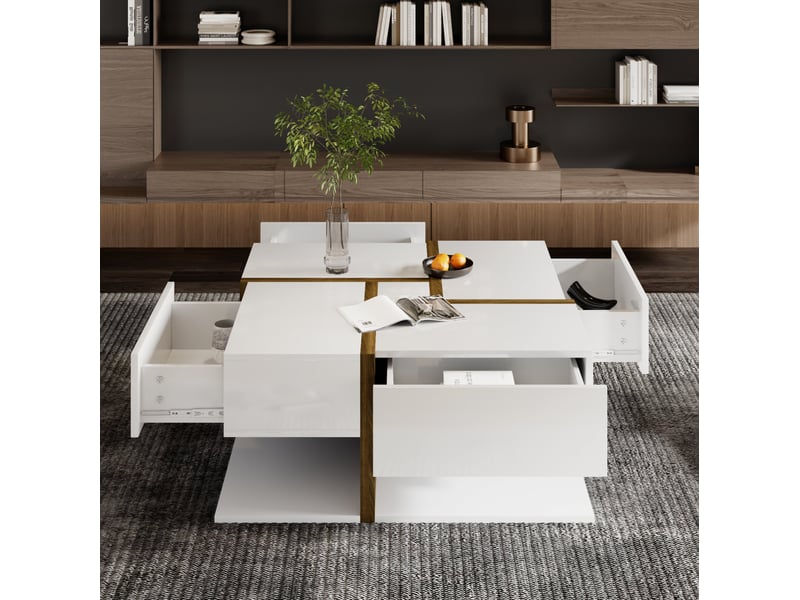  Table basse carrée 78x78 cm, 4 tiroirs et rangement bas, blanc et bois brillant  - Conforama D