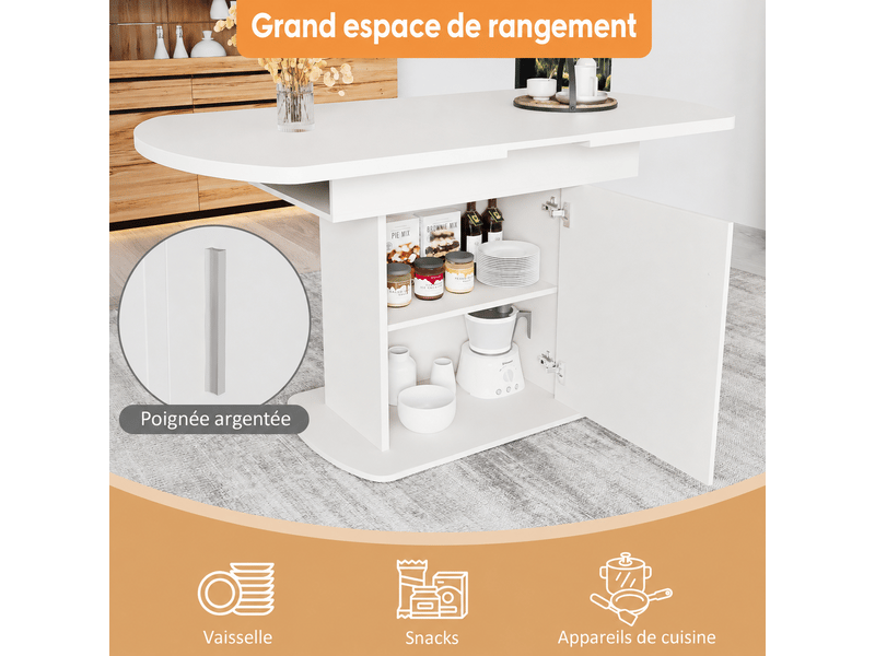  Table à manger ovale extensible avec rangement 110-130 x 70 x 75 cm en panneaux de particules, blanc et argenté  - Conforama D