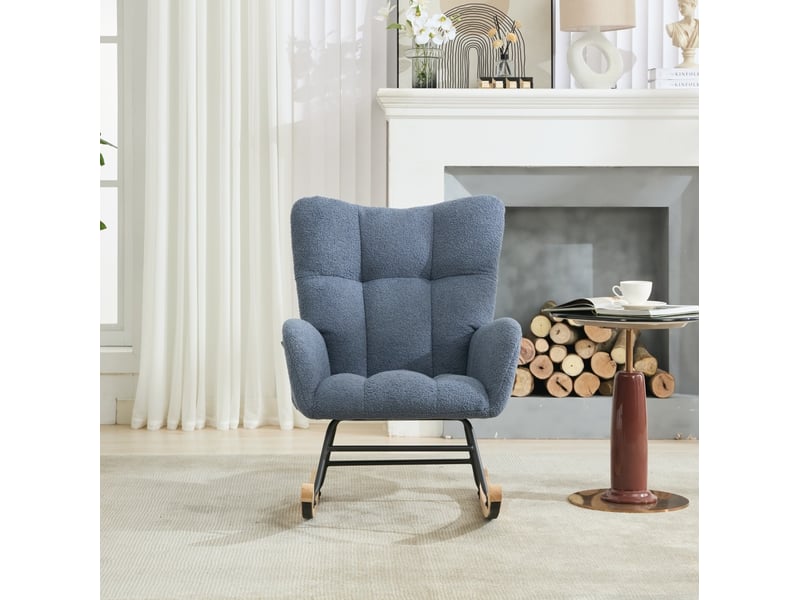  Rocking-chair avec dossier enveloppant, accoudoirs et poche, assise rembourrée en tissu bouclette bleu marine  - Conforama D