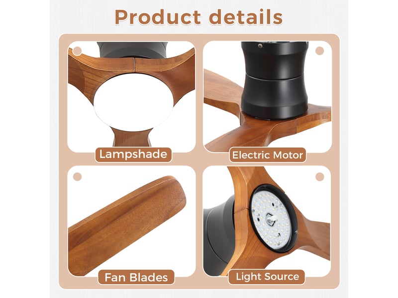 Ventilateur de plafond bois avec lumière et télécommande 132 cm, moteur dc silencieux 6 vitesses, réversible, montage encastré - Conforama R