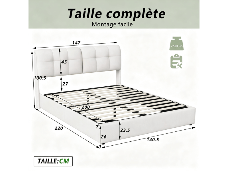  Lit adulte 2 places 140x200 cm velours beige - tête de lit capitonnée led, coffre hydraulique, sommier à lattes inclus, design moderne  - Conforama W