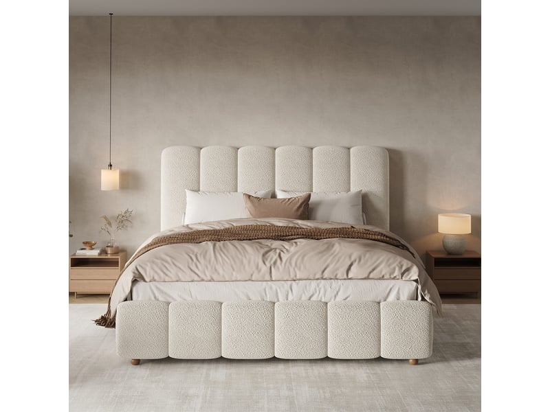  Lit double rembourré 140 x 200 cm avec coffre hydraulique, tête de lit capitonnée et pieds en bois massif, bouclé blanc  - Conforama D