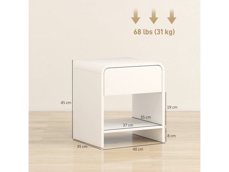  Ensemble de 2 tables de chevet nordiques aux angles arrondis, avec tiroir et étagère ouverte, 40 x 35 x 45 cm, blanches  - Conforama E