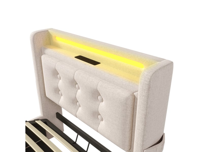 Lit coffre, 90x200 cm, avec led, usb c, rangement hydraulique, coton lin, beige - Conforama E