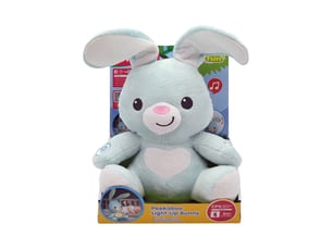 Jouet peluche lapin veilleuse avec lumiere et sons, oreilles qui bougent, 2 modes jour nuit, boutons interactifs, bleu clair et blanc