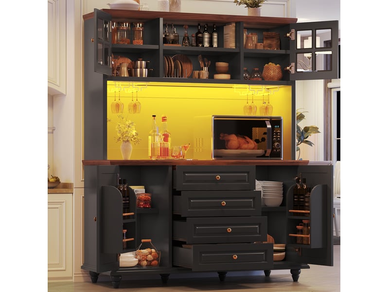 Buffet de cuisine haut avec 4 tiroirs, étagères réglables, led rgb et porte-verres, en mdf noir, 140 × 40 × 179,5 cm - Conforama B