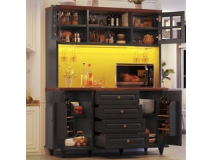 Buffet de cuisine haut avec 4 tiroirs, étagères réglables, led rgb et porte-verres, en mdf noir, 140 × 40 × 179,5 cm
