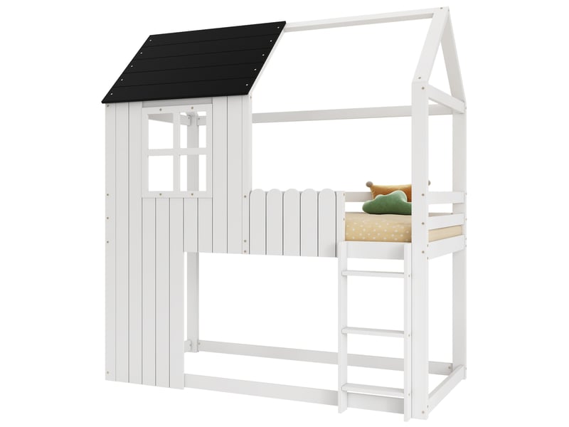  Lit mezzanine enfant 90x200 cm, lit cabane avec toit, escalier à 3 marches, structure pin mdf, blanc noir, sans matelas  - Conforama A