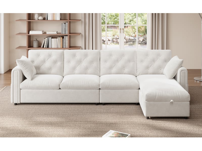  Canapé d'angle beige 4 places, canapé en l réversible avec coffre de rangement  - Conforama C