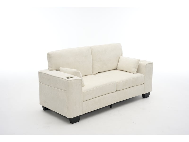  Canapé deux places 182 x 76 x 96 cm beige en tissu chenille, porte-gobelets et poches latérales  - Conforama A
